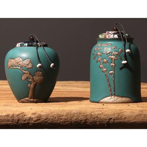 Japanese Creative Ceramic Hand-painted Embossed Tea Caddy Retro Handmade Storage Jar Coffee Beans Container Teaware Accessories