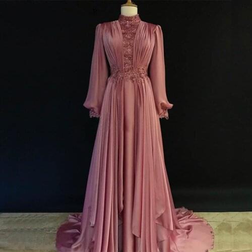 Arabic Muslim Long Sleeves Elegant Evening Dresses Chiffon Beaded Pleated High Neck Formal Gowns For Women Custom Made
