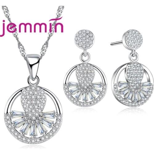 Bridal Wedding Studs Earrings Necklace Sets 925 Sterling Silver Micro CZ Crystal Pave Women Jewelry Sets