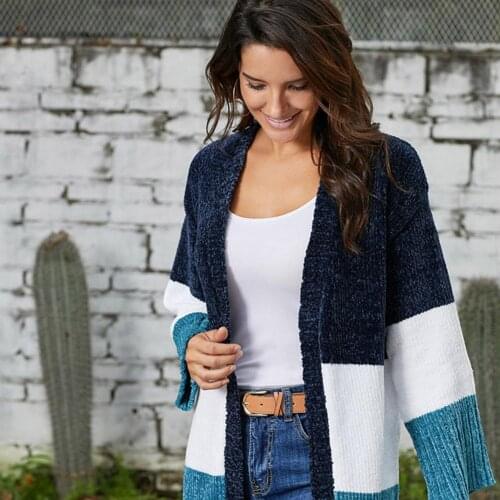 Lovelyfox hotsale lady New Long Sleeve Knitted for Women in 2020 Blue White Colorblock Velvet Chenille Sweater Cardigan