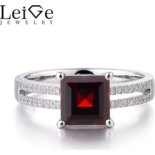Leige Jewelry Real Natural Garnet 925 Sterling Silver Ring Princess Cut Red Gemstone Birthstone Wedding Promise Rings for Women