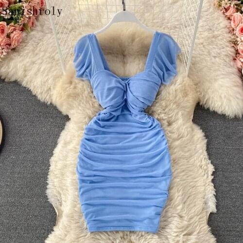 2021 Women Ruffles Folds Bodycon Dress Sexy Club Square Collar Sheath Mini Dresses Lady Short Sleeve Short A Line Party Vestidos