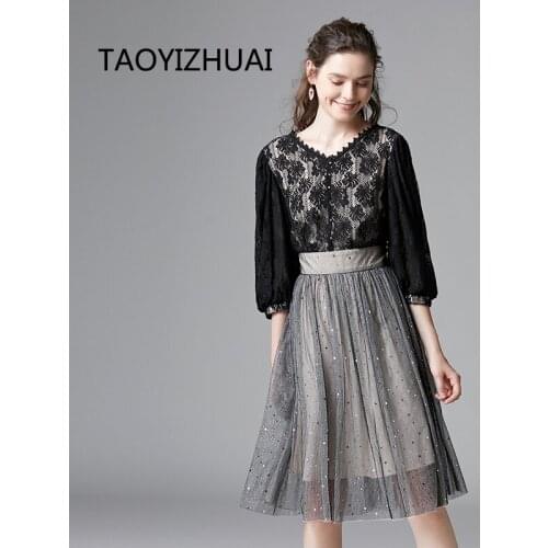 Taoyizhuai womens dress spring and autumn new black V-neck lace mesh stitching waist back dress fat sister plus size womens dr