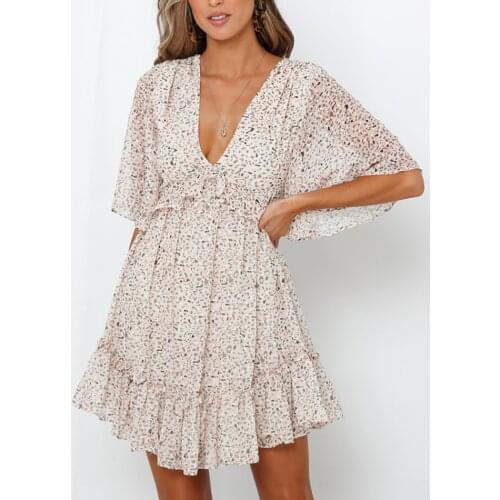 Women Boho Printed Chiffon Mini Dress 2020 Summer Deep V Neck Beach Dresses A Line Short Sleeve hollow out Back Sexy Dress