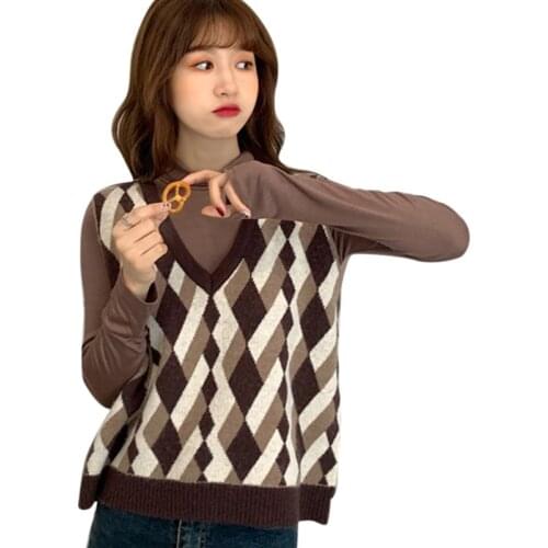 2021 Spring Summer Women Loose Knitted Vest Sweater V Neck Sleeveless Side Vents Female Waistcoat Chic Tops