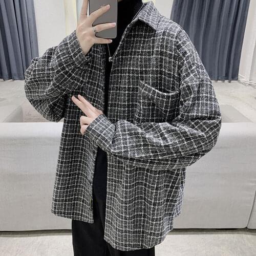 2020 Mens High Quality Lattice Printing Shirts Loose Coats Black/khaki Color Shirts Long Sleeves Camisa Masculina Size M-2XL