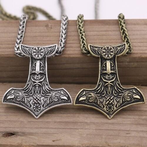 Odin Raven Amulet Nordic Aegishjalmur Helm Of Awe Slavic Kolovrat Thor Hammer Mjolnir Viking Necklace
