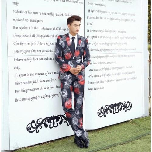 Blazer men groom suit set with pants mens wedding suits singer star style dance stage clothing printing formal dress fashion
