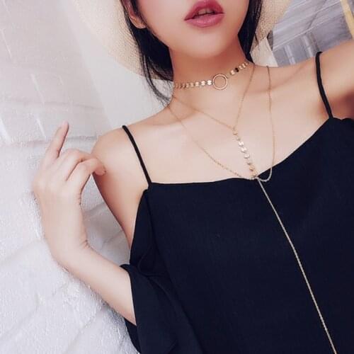 Fashion Sequins Lariat Y Necklace Chokers Three Layers Gold Color/Silver Color Disk Coin Choker Set Best Gift for Women