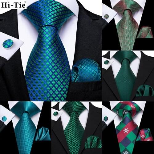 Hi-Tie Teal Blue Green Solid Paisley Silk Wedding Tie For Men Necktie Hanky Cufflink Business Party Dropshipping Fashion Design