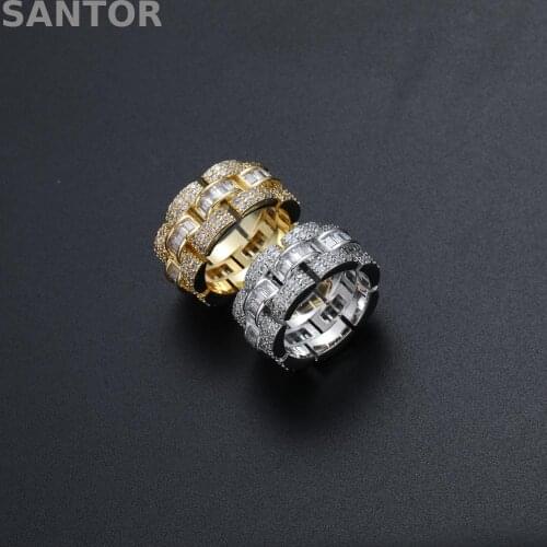 Watchband Link Style Ring Gold Color Copper Material Iced Full CZ Hip hop Rings Fashion HIP-HOP Jewelry Size 7-11