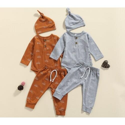 0-18M Infant Baby Boys Girls Clothes Sets 3pcs Sun Printing Long Sleeve Romper Tops Pant Hat 2 Colors