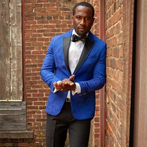 Royal Blue Floral Pattern Mens Suits Groom Groomsmen One Button Pants Suit Prom Party Blazer Jacket (Jacket+Pants)