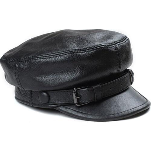 True Head Leather, Autumn And Winter Polish Military Cap Mens And Womens Flat Top Outdoor Leisure Leather Sea Military Hat