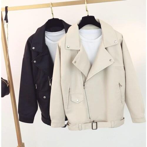 Trendy New Spring Autumn Women Faux Leather Jacket with Belt Casual Female Zipper Outerwear Loose Soft Pu Moto Leather Coat