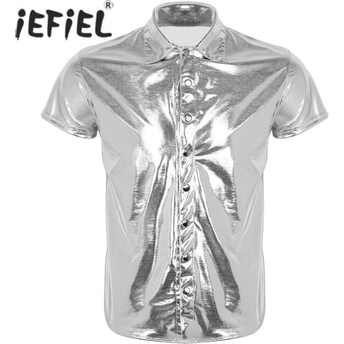IEFiEL Mens Moto Fashion Clubwear Patent Leather Short Sleeves Shirt Undershirt for Male Costumes Night Party Tops Streetwear