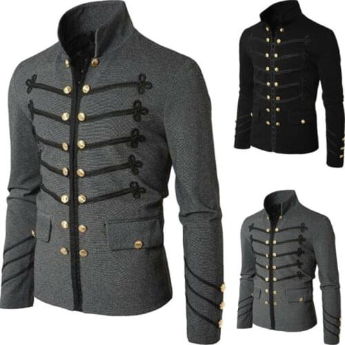 Mens Autumn Winter Officer Military Drummer Parade Jacket Gothic Punk Jackets Coat Solid Color Stand Collar Long Sleeve Casual