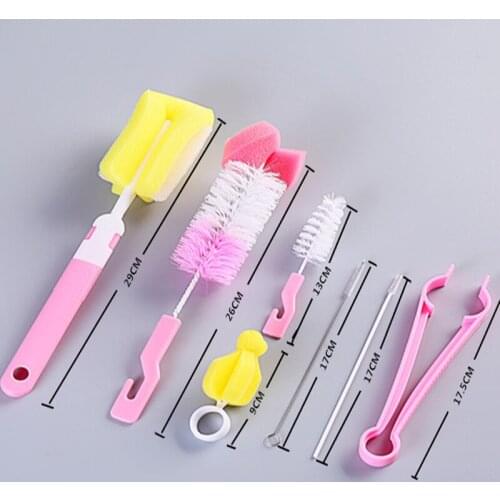 7Pcs Baby Bottle Brush Set Baby Nipple 360-degree Rotating Clean Sponge Spout Cup Brush Kit Bottle Clean Tool
