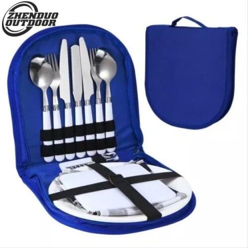 Portable travel picnic package tableware set outdoor shiny polishing mirror stainless steel silver cutlery dinnerware kit