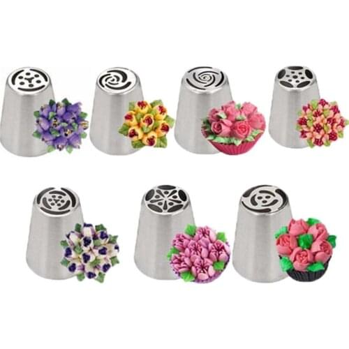 Russian Pastry 7Pcs/Set Nozzles Tulip Icing Piping Cream Nozzles Tips 1Pcs Coupler Decorating Tips Set Cake Cupcake Decorator