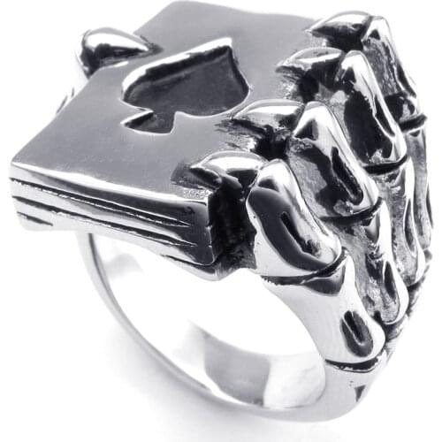 New Gothic Punk Rock Vintage Mens Stainless Steel Ring Fashion Skull Hand Claw Poker Playing Card Ring