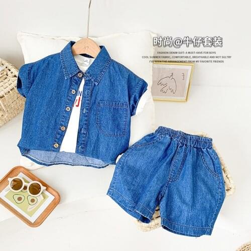 2 3 4 5 6 7 Years Baby Boys Denim Clothes Suit Casual Lapel Solid Denim Shirts Shorts 2pcs Summer New Boy Korean Handsome Sets