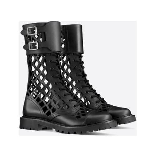 Drop Shipping Girls Black Real Leather Cuts Out Mid-calf Short Boots Woman Flat Gladiator Mesh Buckles Round Toe Sandals Boots