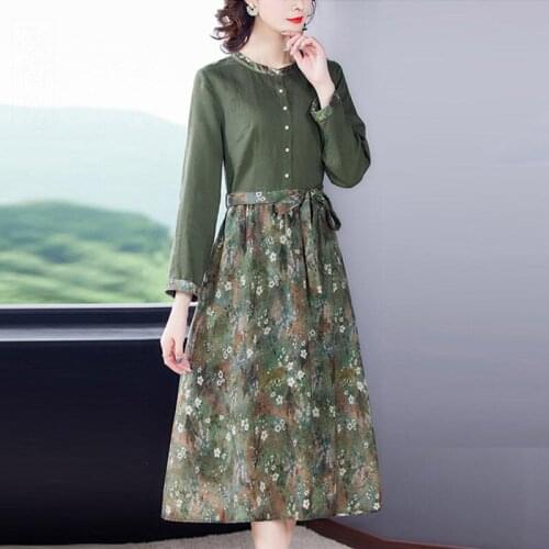 Retro Cotton And Linen Dress Womens Spring 2021 New Plus Size Female Fake Two Piece Floral Bowknot Dress Long Sleeve Robe y1558