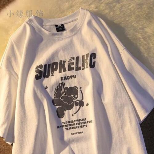 Retro cartoon cupid bear short-sleeved female couple summer Korean street Harajuku style loose oversize compassionate man