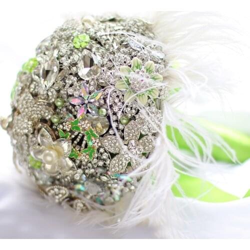 DIY 8 inch green bridal brooch bouquet, Wedding Bride 's Rhinestone Jewelry crystal Pearl Ostrich feathers Bouquets decor