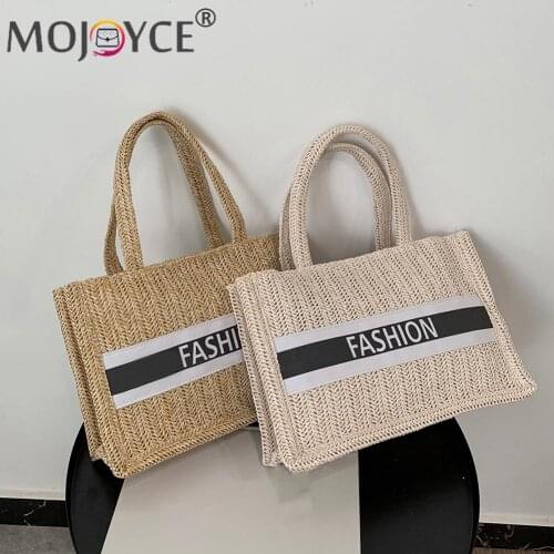Women Summer Beach Tote Woven Letters Large Shopping Bag Vintage Ladies Handbags Rattan Straw Beach Mesh Shoulder Bag