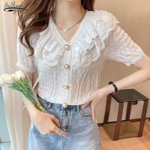 Korean Chic Ruffle Blouse Sweet V-neck French Vintage Palace Style Short Sleeve Tops Women Shirt White Chiffon Lace Blouse 15273