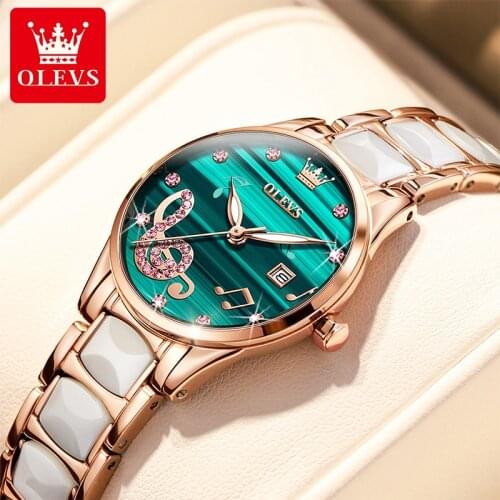 OLEVS New Ladies Rose Green Fashion Casual Diamond Quartz Watch Ceramic Steel Band Waterproof Luminous Watches Female 3605