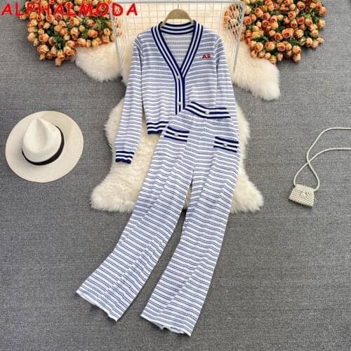 ALPHALMODA Early Autumn New Long-sleeved V-neck Knitted Cardigans + Wide Leg Pants Women 2pcs Casual Knitting Suits