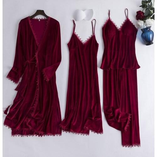 Burgundy Women Velour Sleep Suit 4PCS Pajamas Set Robe Sleepwear Home Clothing Velvet Nightwear Autumn Winter Intimate Lingerie
