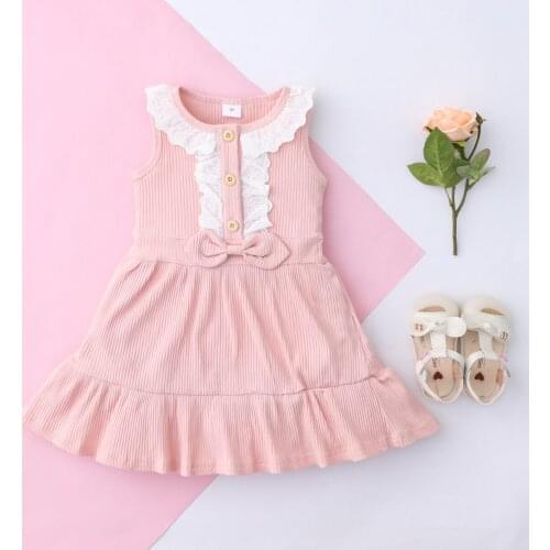2021 Girl’s Summer Sleeveless Dress Fresh Solid Color Lace Trim Round Neck Bow A-line Princess Dress