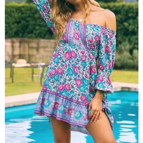 Happie Queens Women green floral print sexy off shoulder beach Bohemian mini dress ladies long sleeve rayon Boho sundress