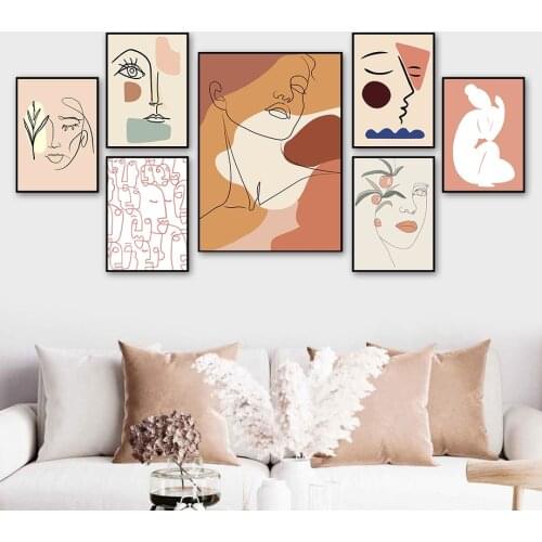 Line Girl Face Color Block Leaf Abstract Wall Art Canvas Painting Nordic Posters And Prints Wall Pictures For Living Room Decor