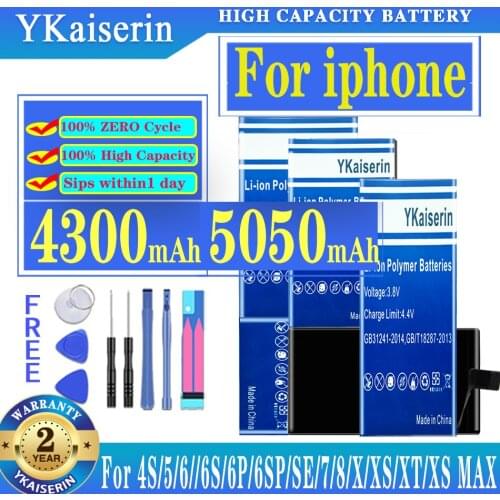 YKaiserin AAAAA Quality Battery For IPhone 4 6S 6 5 5S 5C X SE 7 8 Plus XR Xs Max High Real Capacity Batter Zero Cycle Free Tool