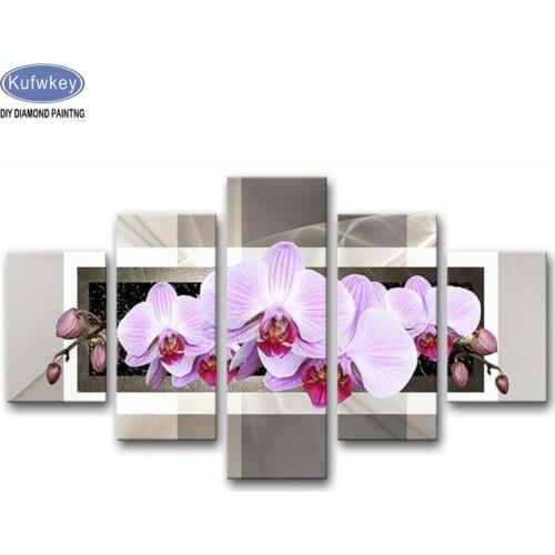 Purple Phalaenopsis Diamond Painting 5 Piece,Diy Diamond Embroidery Mosaic 5D Needlework Full Square Round Drill Home Decor Gift