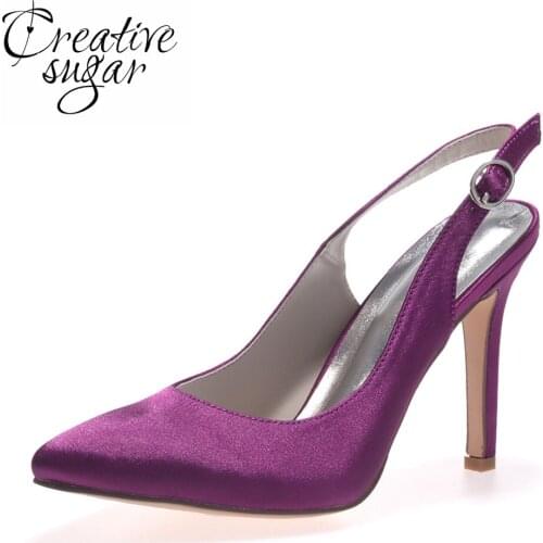 Creativesugar Pointed toe satin slingback dress shoes bridal wedding party prom pumps elegant simple white silver grey purple