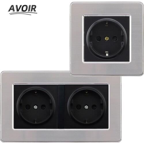 Avoir EU/DE/RU Standard Plug Socket Power Grounding Socket Stainless Steel Panel Double Plug Electrical Outlet 146mm*86mm