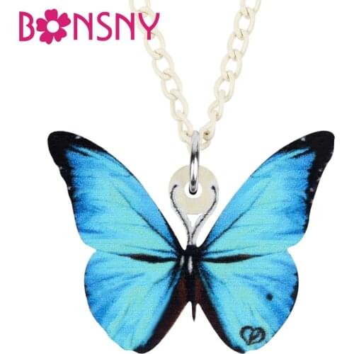Bonsny Acrylic Blue Morphidae Butterfly Necklace Chain Insect Animal Pendant Jewelry For Women Kids Teen Trendy Gift Decoration