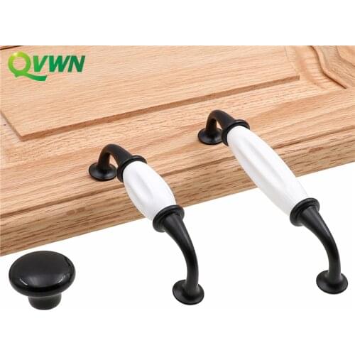 QVWN Zinc Alloy Black/White Door Handles Country Style Ceramic Drawer Pulls Knob Kitchen Cabinet Handles And Knobs Furniture