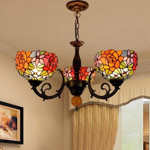 European-Style Retro Creative Tiffany Colorful Glass Gorgeous Rose Bedroom Restaurant Bar Club Three-End Ceiling Lamp
