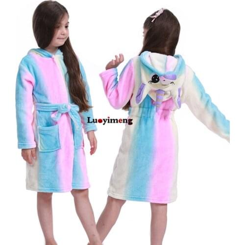 2020 Cartoon Childrens Robe Flannel Baby Bathrobe Long Sleeve Hooded Kids Bath Robe Lovely Unicorn Animal Child Boy Girls Robes
