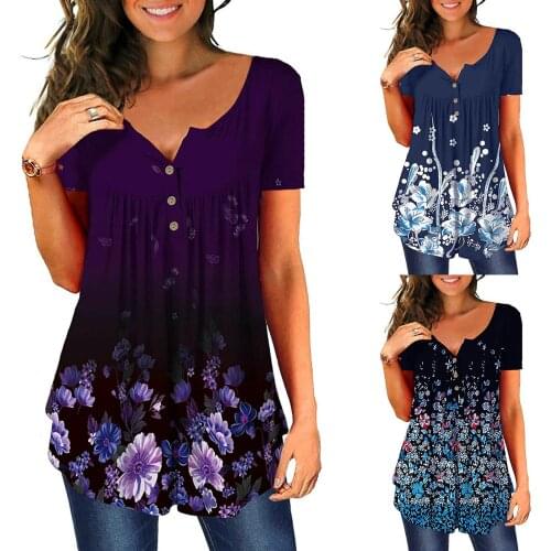 Tshirt Women V-neck Floral Dot Printed Tunic Tops Buttons Short Sleeve Aesthetic Ropa Mujer Camisetas Top Women Harajuku T Shirt