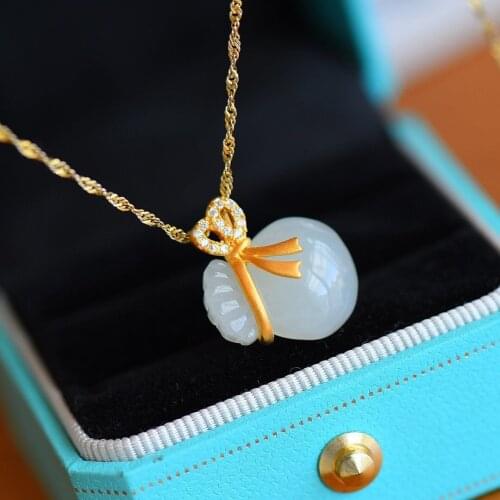 Natural Hetian Jade White Jade Fortune Bag Pendant S925 Sterling Silver Money Bag Pendant Palace Style Ornament
