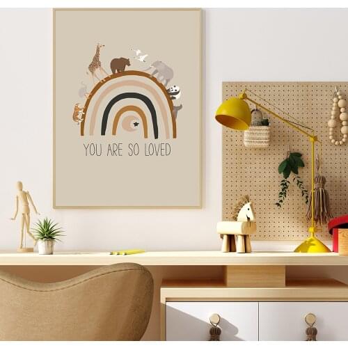 Boho Animal Rainbow Art Print Welcome To The World Quotes Poster Canvas Painting Safari Nursery Wall Picture Living Room Home