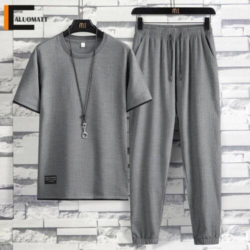 Summer Linen Men Set Chinese Style Thin Breathable Sportswear Short Sleeved Tshirt Casual Tracksuit Men Slim Jogger Sweat Suits